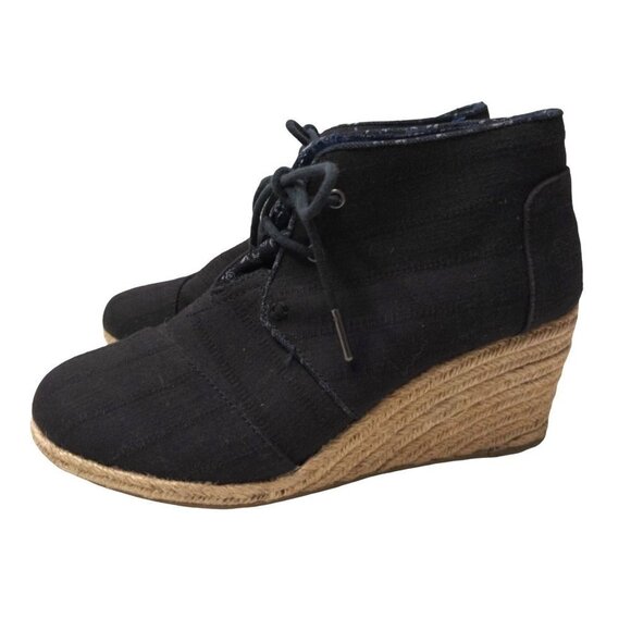 Toms Desert Wedge Shoes Ankle Bootie Womens 9.5 Black Canvas Lace Up - Picture 1 of 8